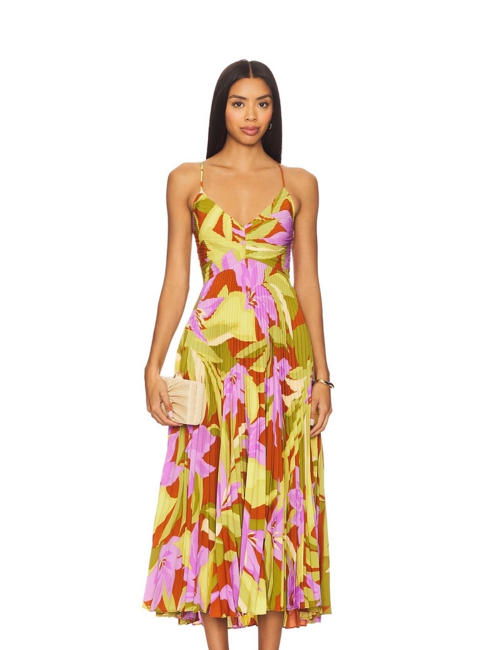 Astr Floral Pleated Spaghetti-Strap Midi Dress in Green, Pink & Rust Floral - Picture 1 of 2